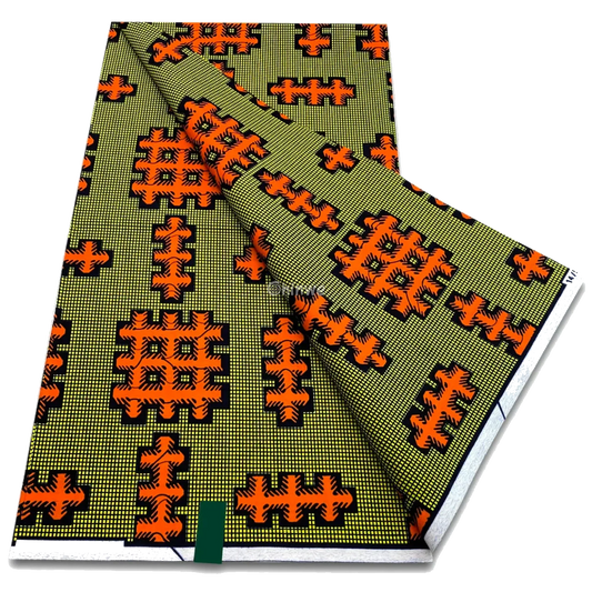 Lime green and orange tribal grid Ankara wax print fabric, 6-yard piece