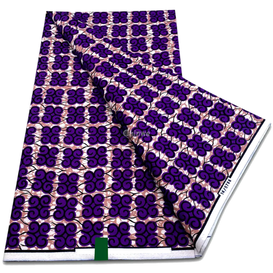Purple spiral swirl pattern in grid layout on soft peach background, Ankara fabric, 6-yard piece