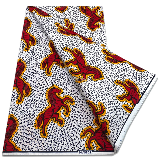 Bold red horse print on white background with mini arrow detailing, Ankara fabric, 6-yard piece