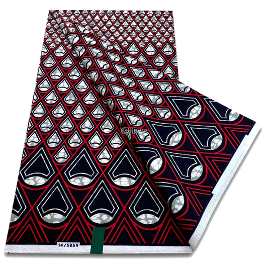 Layered teardrop and chevron pattern in black, red and white, Ankara wax print, 6-yard piece