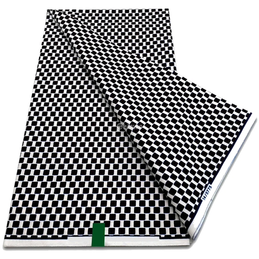 Staggered square tile print in black and white with offset grid pattern, 6-yard piece