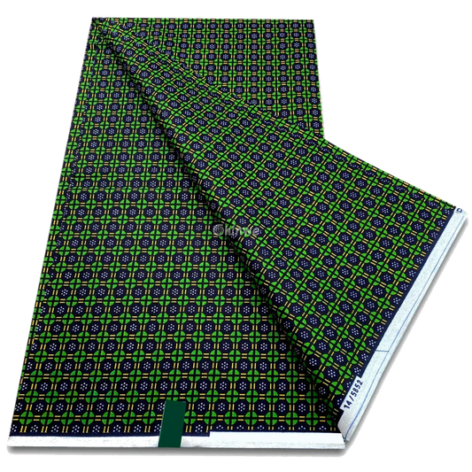 Mini cross lattice print with green and yellow accents over navy blue diamond grid, 6-yard piece