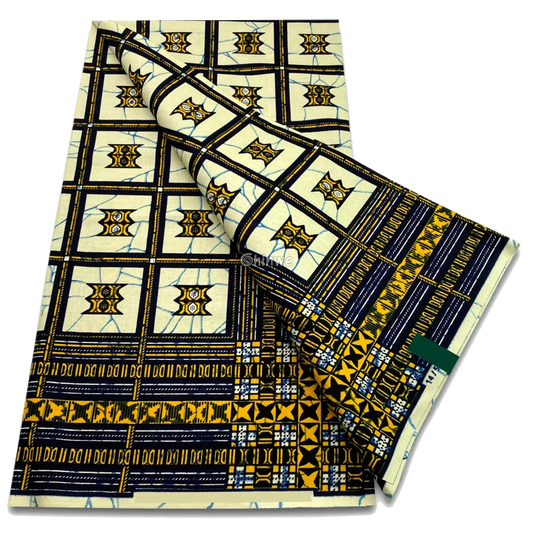 Geometric tile grid with gold and navy starburst accents on crackled ivory, 6-yard piece