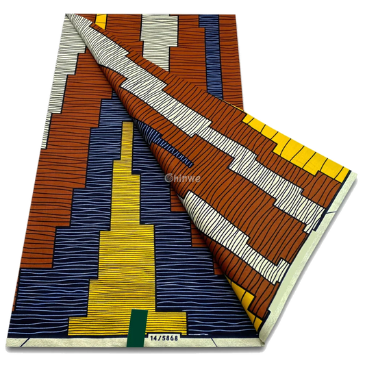 Staggered block print with brick, navy and mustard lines in tiered layout, 6-yard piece