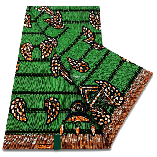Emerald green print with crown motifs, beaded chains and ornamental stripe texture, 6-yard piece