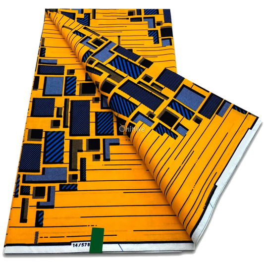 Golden yellow Ankara fabric with abstract blue and black grid and block matrix, 6-yard piece