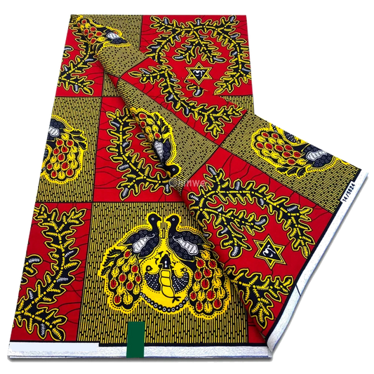 Red Ankara fabric with laurel leaf panels, star medallions and dual-bird motif in gold and black, 6-yard piece