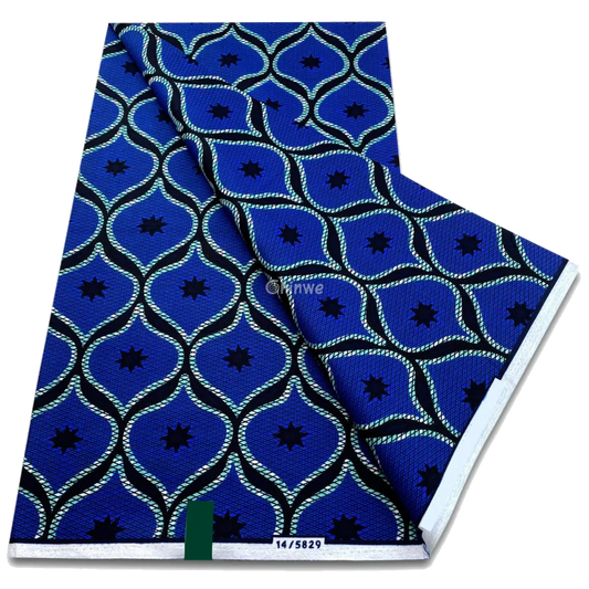 Royal blue fabric with interlocking curves and navy eight-pointed stars in a tiled lattice, 6-yard piece