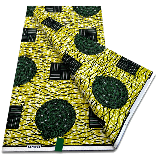 Yellow tangle pattern with olive mandala circles and black pinstripe grids, 6-yard piece