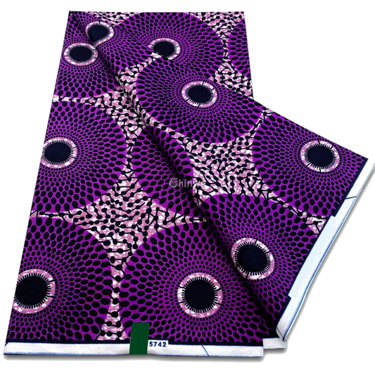 Purple concentric burst with black dot matrix and blush star web in radiating pattern, 6-yard piece