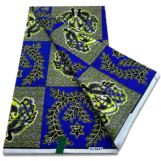 Deep blue panels with olive leaf vines and grapevine clusters in graphic block pattern, 6-yard piece
