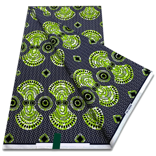 Lime green radiating circles with black and white fan motif on midnight dot background, 6-yard piece
