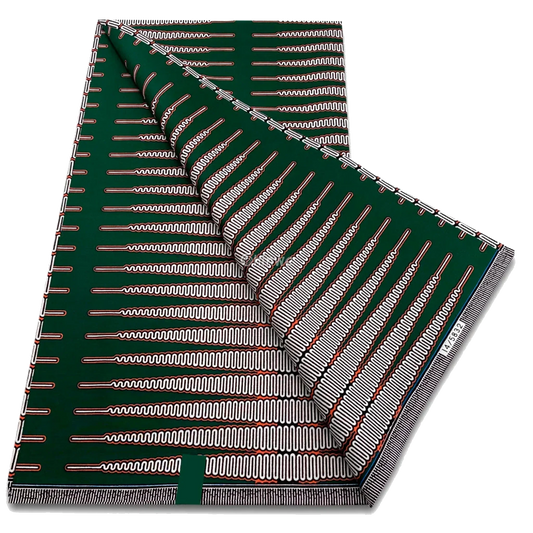 Forest green print with repeating white zigzag lines and linear red accents, 6-yard piece