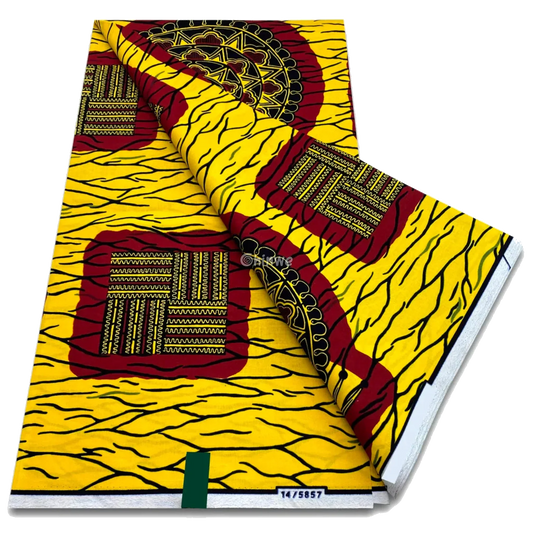 Brick and circle motif on golden yellow with black crackle veins and deep red accents, 6-yard piece