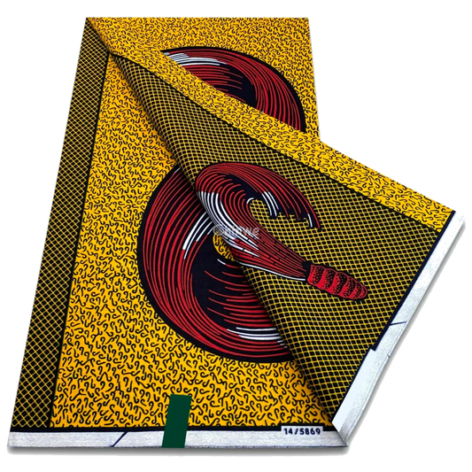 Red and black swirl brush motif with yellow micro-grid and scribble texture, 6-yard piece