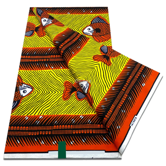Yellow and orange fish panel print with black wave-line texture and tribal stripe borders, 6-yard piece