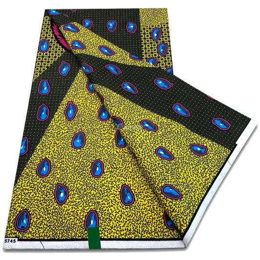 Yellow and black abstract drop motif with blue teardrop ovals and micro-dot field, 6-yard piece