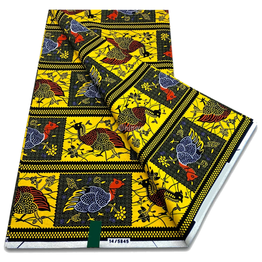 Yellow and black repeating chicken motif with red accents in framed floral blocks, 6-yard piece