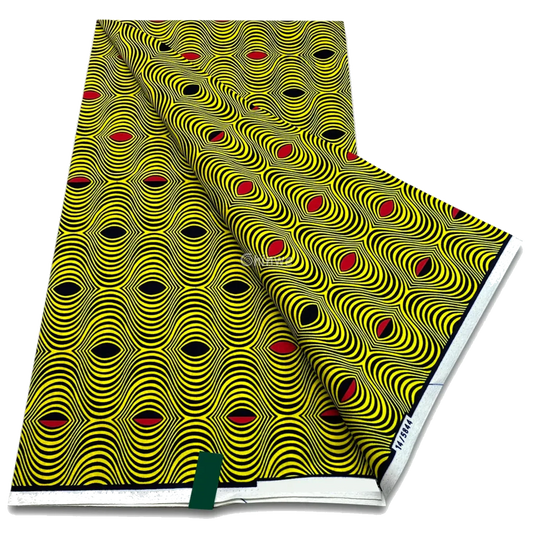 Yellow ripple illusion with layered concentric waves and red-black teardrop centers, 6-yard piece