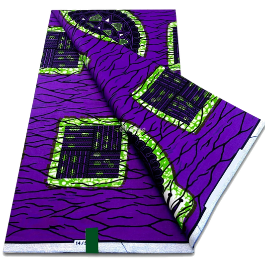 Wax print with circuit grid blocks, electric tree veins and tech disc medallions on purple, 6-yard piece