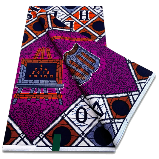 Wax print with alphabet lattice, chalkboard grid and stacked book emblems in an academic theme, 6-yard piece