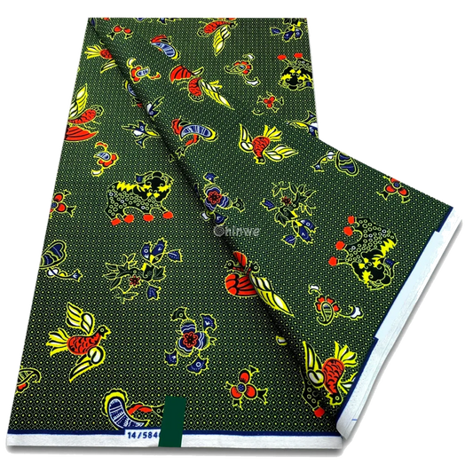 Wax print with multicolor birds, elephants and floral icons over a forest green dotted background, 6-yard piece