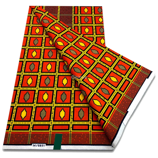Orange wax print with tribal diamonds in yellow and black over a square lattice grid, 6-yard piece