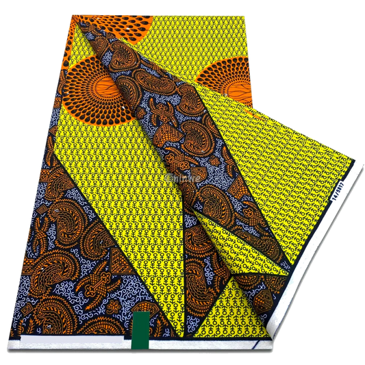 Yellow wax print with burnt orange sunburst medallions and indigo paisley on a symbol grid, 6-yard piece