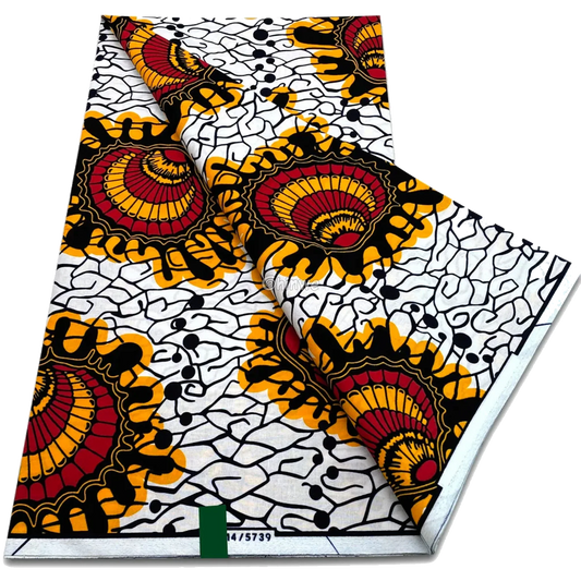 Cracked white wax print with red and gold fanburst medallions and black vine tracery, 6-yard piece
