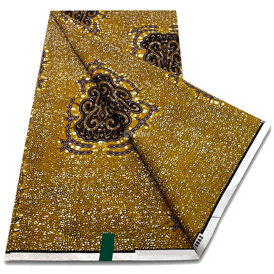 Golden mustard wax print with dotted field, cocoa paisley clusters and floral bead outlines, 6-yard piece