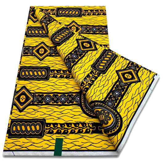 Sunburst yellow wax print with tribal rope diamonds, swirl stripes and ornamental medallions, 6-yard piece