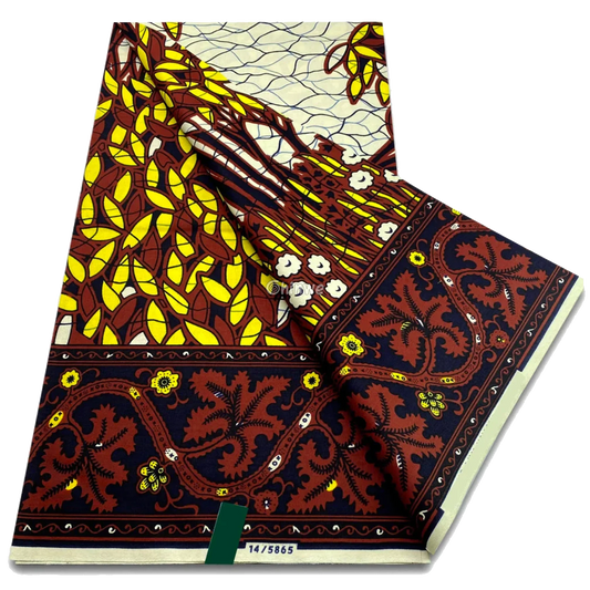 Maroon, yellow and cream wax print with floral border panels and climbing vine leaf motif, 6-yard piece