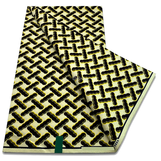 Ivory, black and mustard wax print with linked dot chain motif and geometric repeat, 6-yard piece