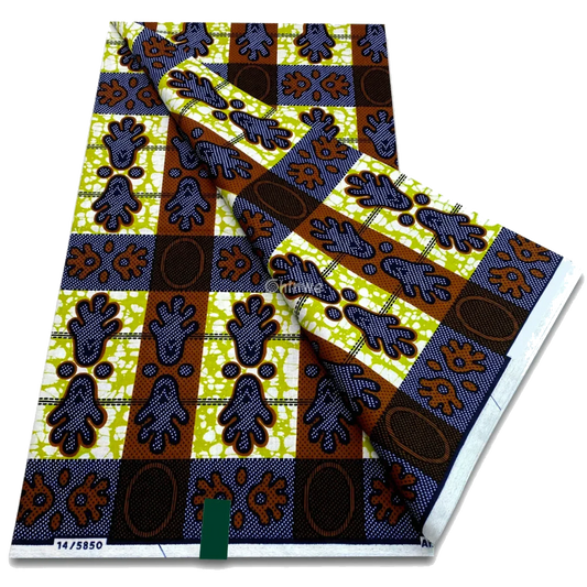 Olive, brown and navy tribal symbol checkered print with dotted textures, 6-yard piece