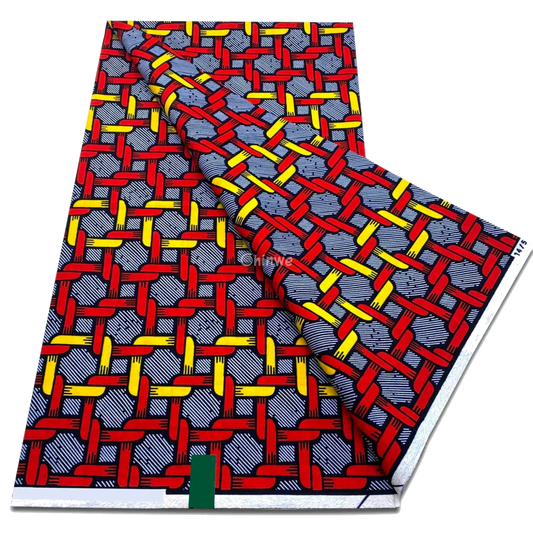 Red, yellow and navy geometric interwoven grid print with textured block detailing, 6-yard piece