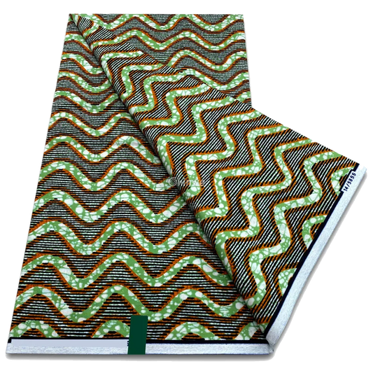 Sage green and burnt orange ripple wave print with dotted zigzag lines, 6-yard piece