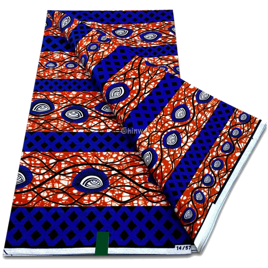 Royal indigo and coral orange wax print with eye swirl motif and diamond grid bands, 6-yard piece