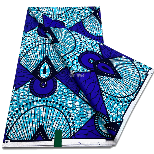 Radiating teardrop and fan panel print in deep cobalt, teal swirl and indigo geometric batik grid, 6-yard piece