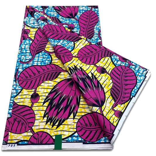 Magenta leaf pod motif with yellow lattice ground and sky blue gridlines, 6-yard piece