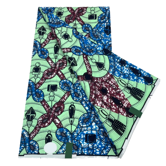 Tassel and pendant chain motif on mint green grid with indigo and maroon highlights, 6-yard piece