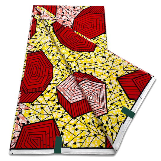 Red spiral octagons and yellow fractured grid with black arrowline accents, 6-yard piece