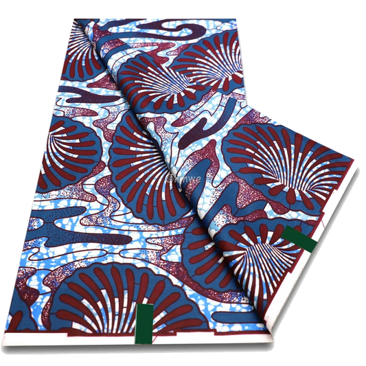 Rust red fan palms and blue ripple streams over white cracked ground, 6-yard piece