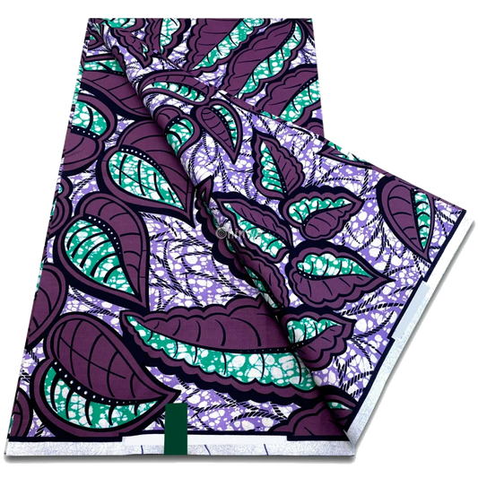 Oversized plum leaf clusters with teal veins on marble-laced lavender backdrop, 6-yard piece