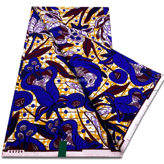Indigo iris blooms with golden grid overlay and cracked mustard detail, 6-yard piece