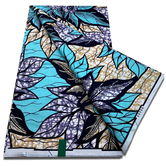 Wax print with layered leaf clusters and speckled crackle texture in aqua, cream and deep navy, 6-yard piece