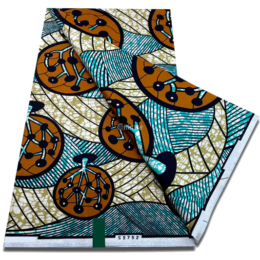 Layered fan grid with circular rust motifs and teal linework on wax-crackled beige ground, 6-yard piece