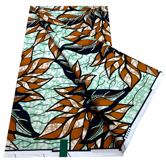 Layered leaf motif with burnt orange petals over wax-crackled mint ground, 6-yard piece