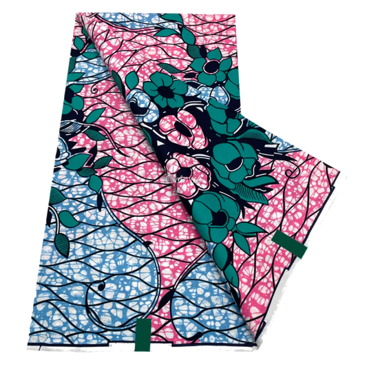 Teal rose blossoms with pink and blue split batik background and winding vine overlay, 6-yard piece
