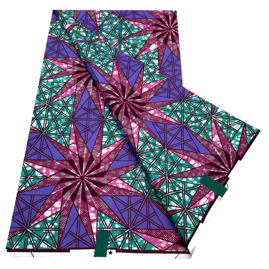 Purple and emerald starburst with geometric triangles and batik dots, 6-yard piece