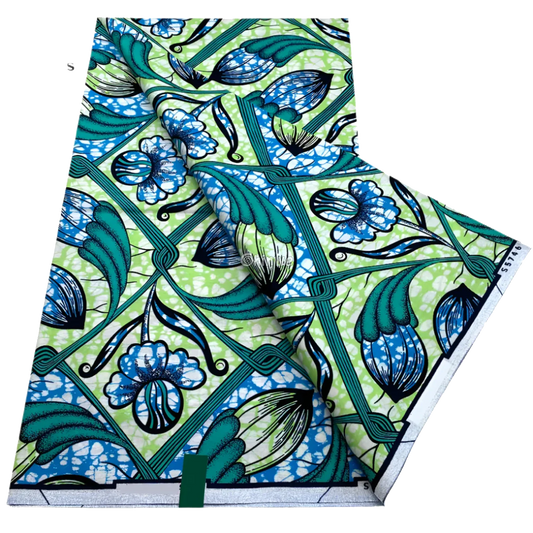 Turquoise floral tile print with emerald leaves and batik texture in diamond grid repeat, 6-yard piece